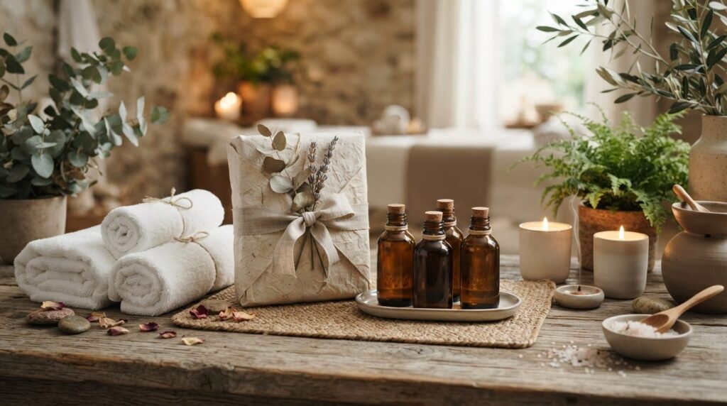Luxury wellness gift experience scene with spa products, mas