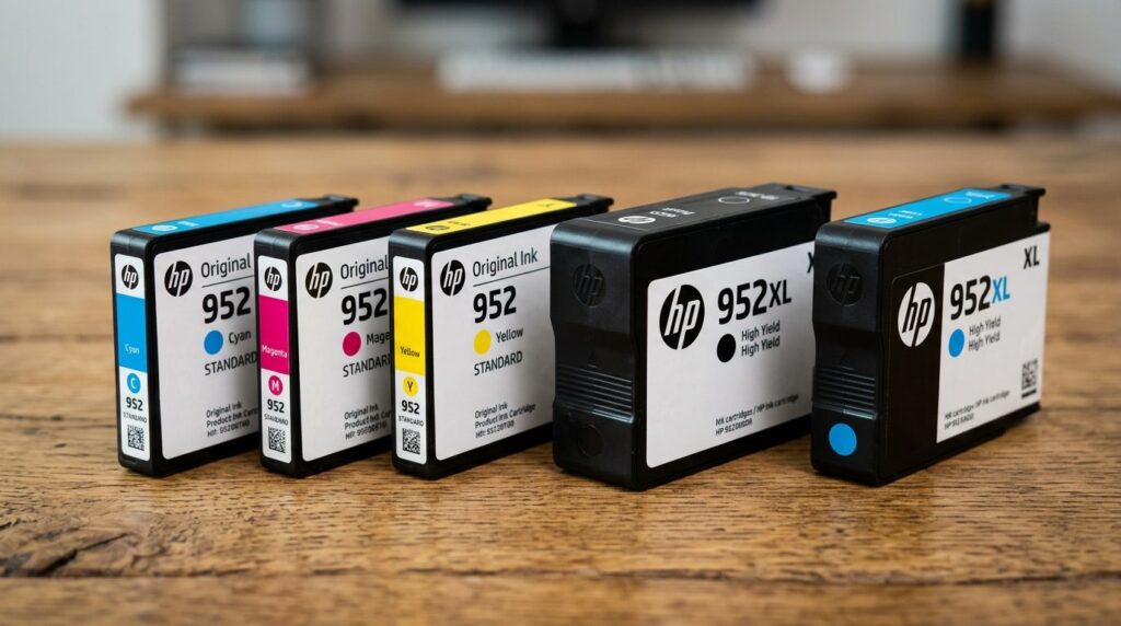 Close-up detail shot of various HP ink cartridge sizes and c