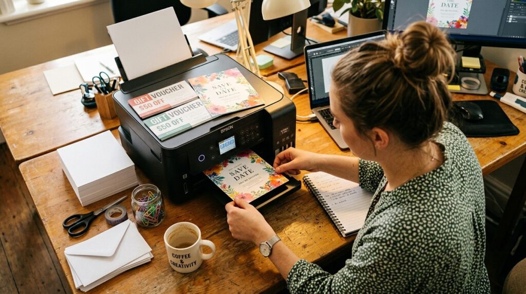 Candid overhead shot of a small office worker printing invit