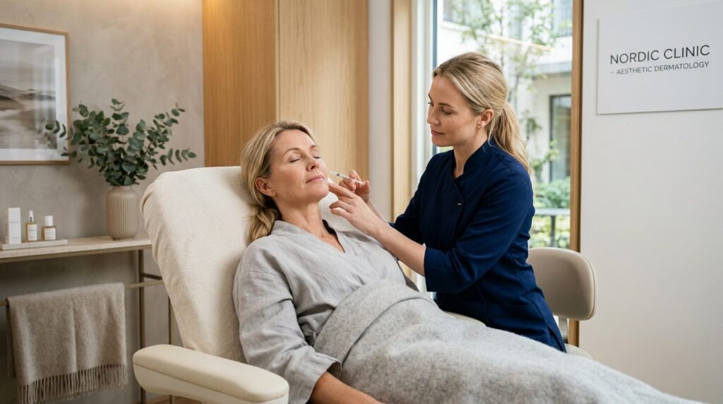 Luxury spa gift experience in Scandinavia, elegant woman rec