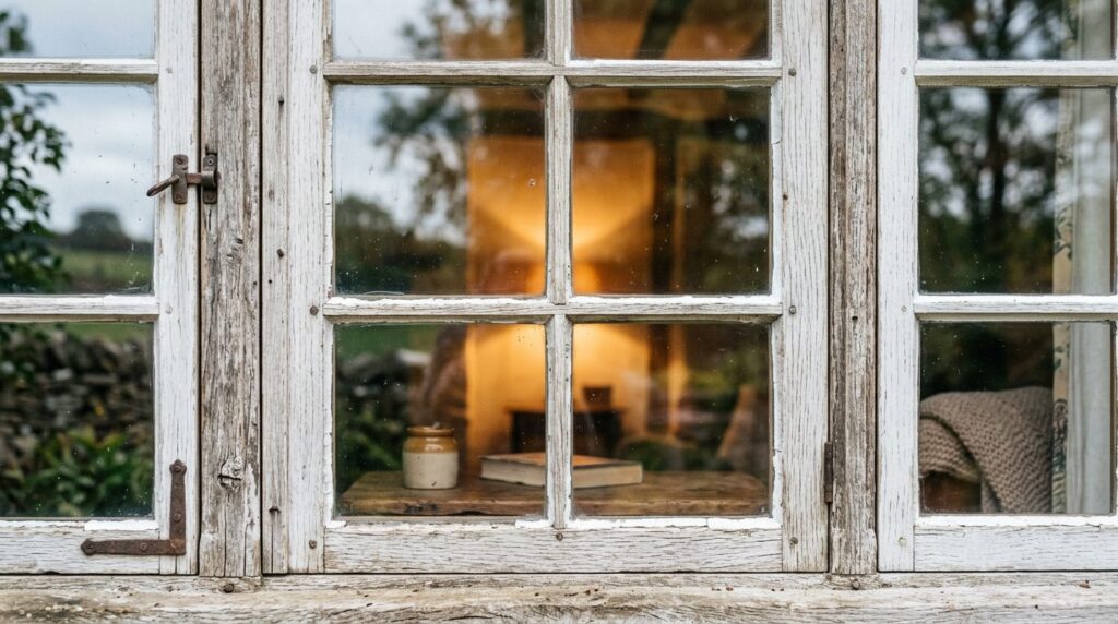 Close-up detail shot of a traditional multi-pane farmhouse w