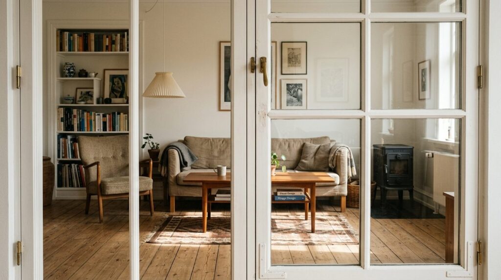 Interior living room view through an authentic restored Dann