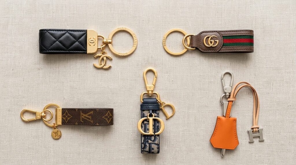 Flat lay overhead shot of five luxury keychains with differe
