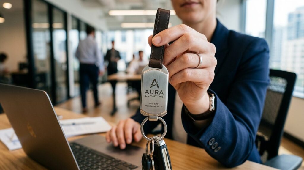 Business professionals hand holding an elegant metal keycha