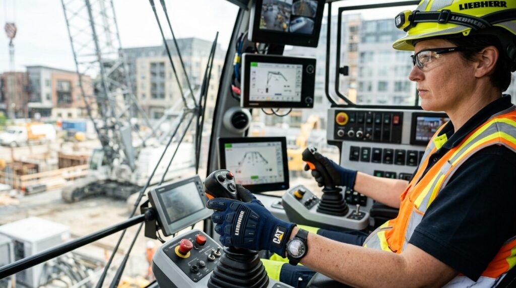 Close-up of a crane operators hands on control levers insid