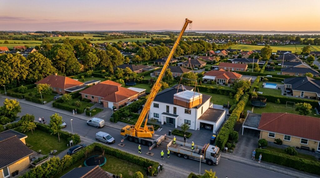 Wide aerial shot of a residential crane delivery scene on Ze
