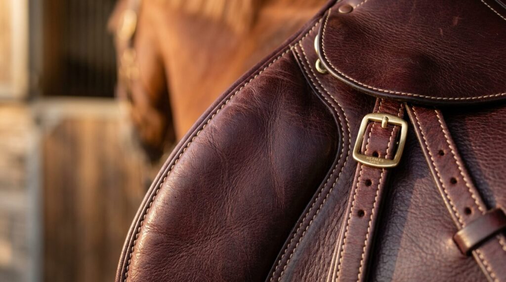 Close-up detail shot of professional equestrian saddle leath