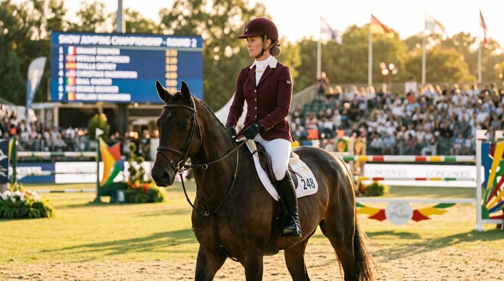 Elegant lifestyle scene: female equestrian rider in formal c