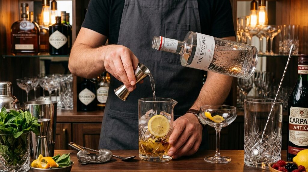 Close-up of a professional bartenders hands preparing craft