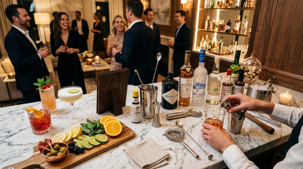 Overhead view of an elegantly arranged private party bar wit