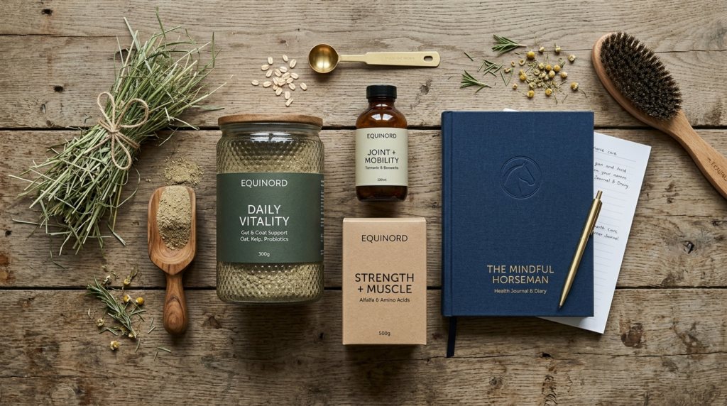 Overhead flat-lay composition of premium equine supplements,