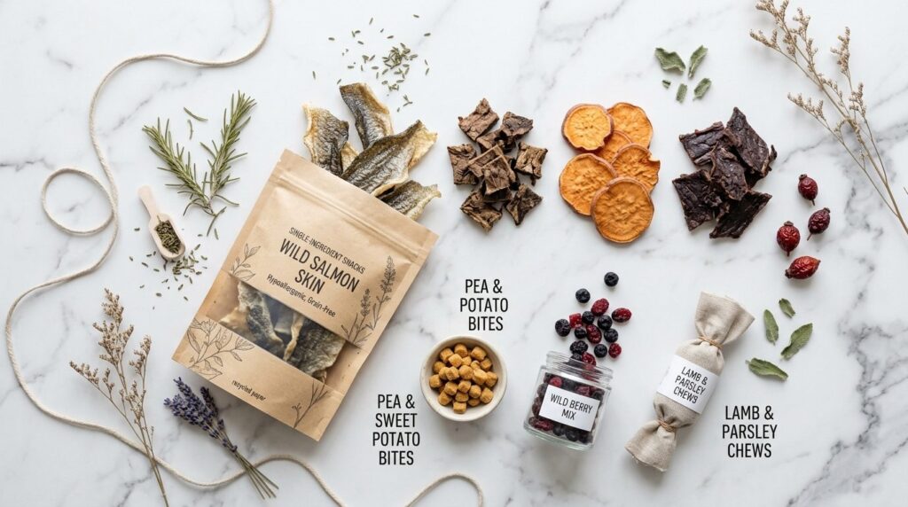 Close-up flatlay of hypoallergenic dog treats and single ing