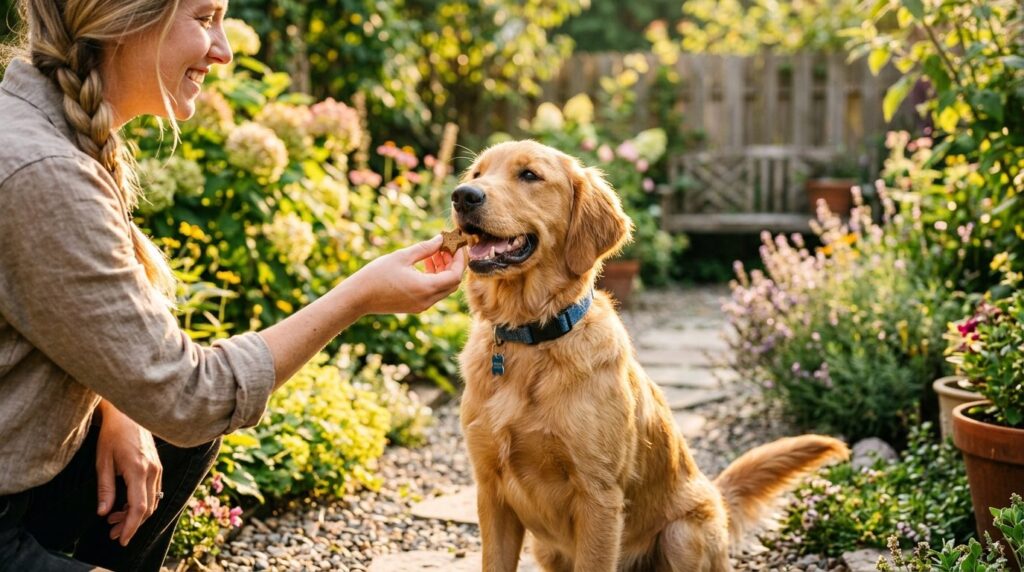 Happy healthy dog enjoying allergy-friendly treats outdoors 