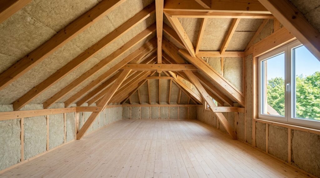 Photorealistic wide-angle view of a modern, clean attic spac