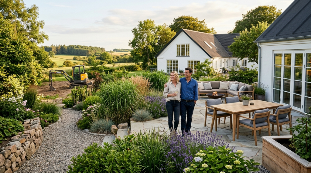 Wide photorealistic lifestyle image of a couple standing in