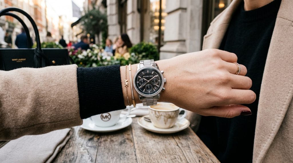 Close-up lifestyle shot of a womans wrist wearing an elegan