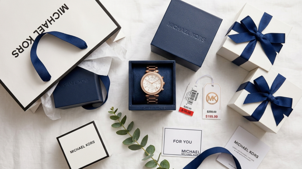 Flat lay luxury gift presentation featuring a Michael Kors w