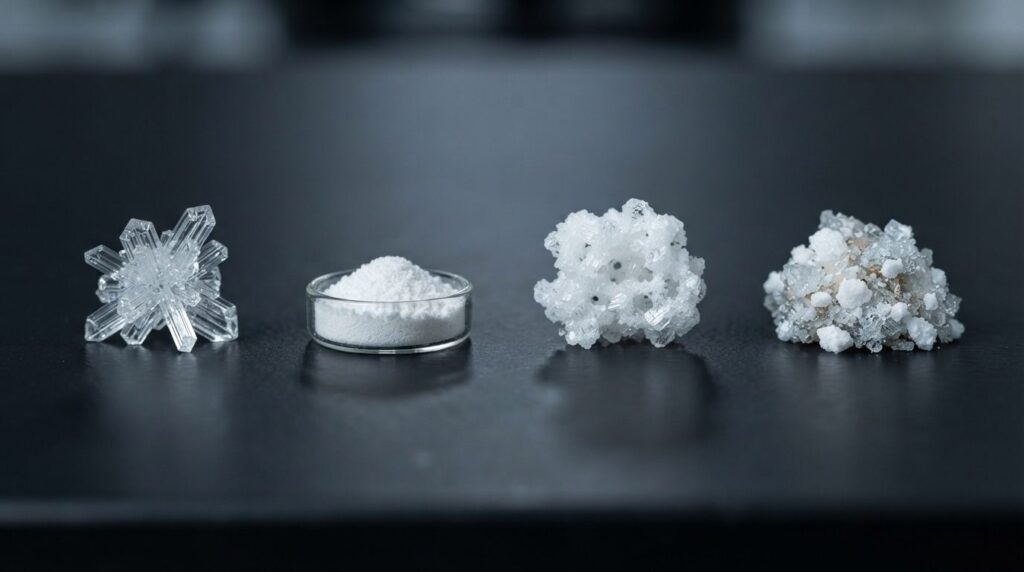Close-up macro photography of four distinct peptide molecula