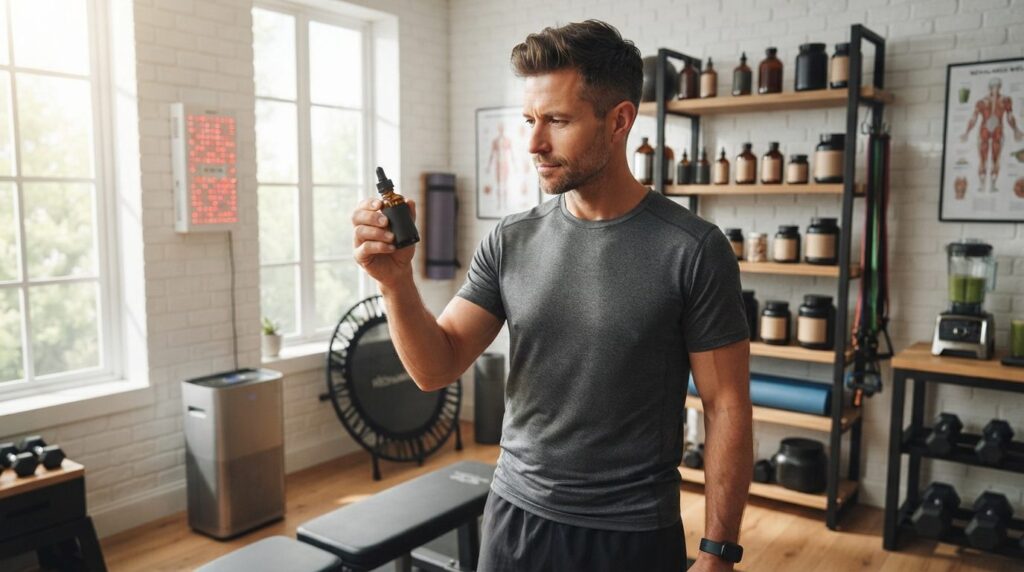 Fit male biohacker in modern home gym environment holding pe