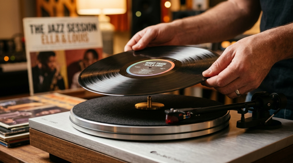 Close-up detail shot of hands carefully placing a vinyl reco
