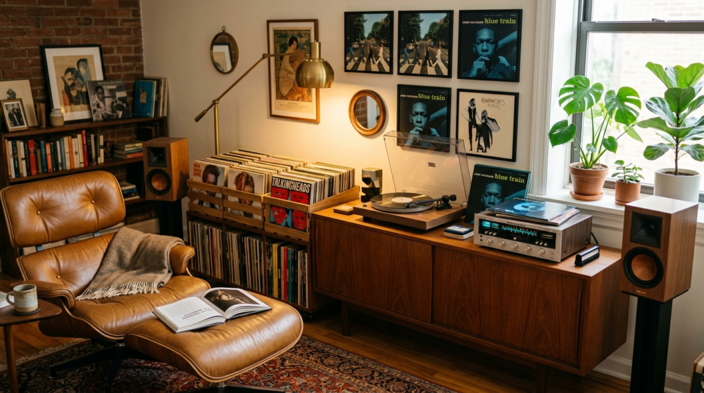 Sophisticated home audio corner featuring a turntable as cen
