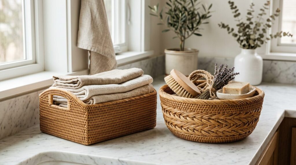 Close-up product lifestyle photograph of two intricately wov