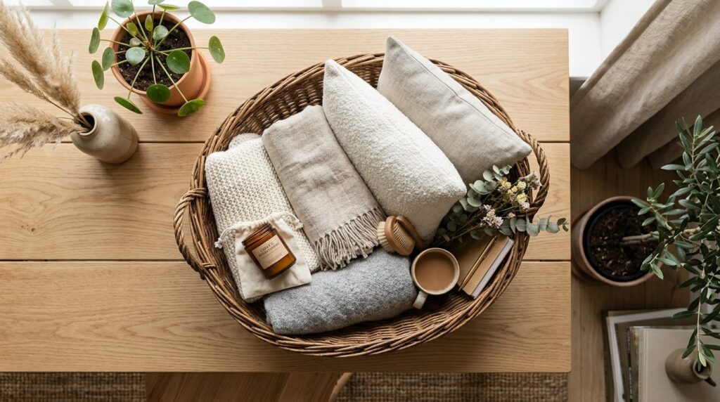 Styled flat-lay overhead shot of a woven willow basket fille