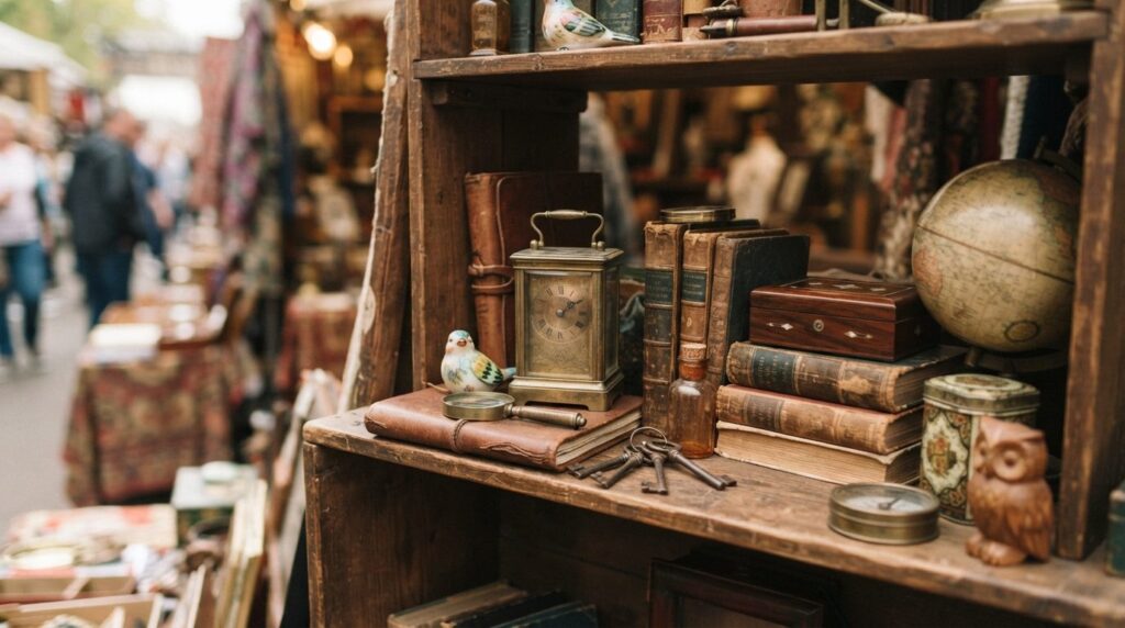 Close-up detail of curated vintage gift items on wooden shel