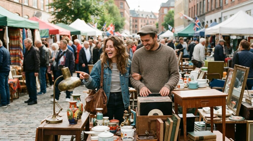 Young couple excitedly discovering unique vintage furniture 