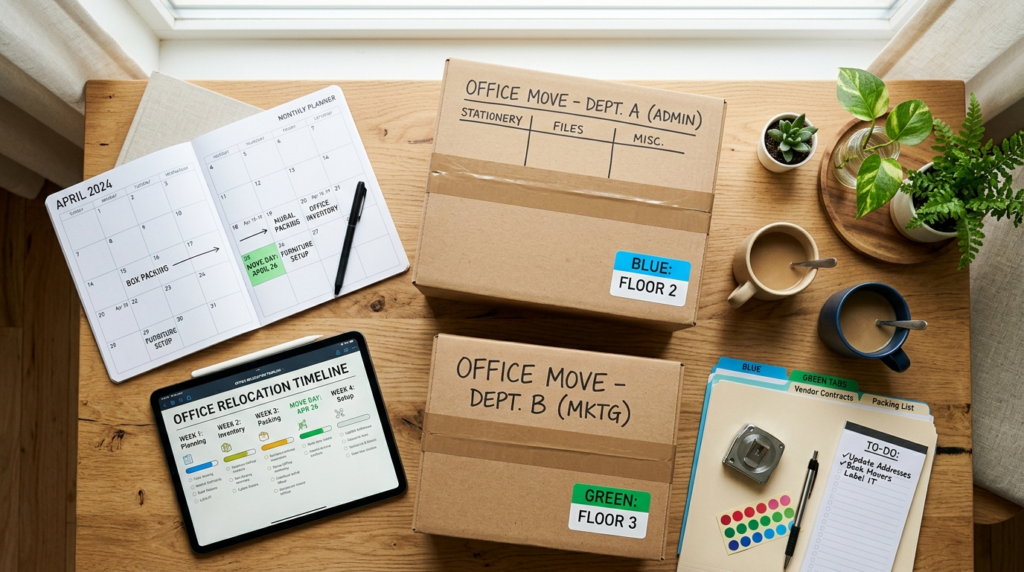 Overhead flat lay photograph of office relocation planning e
