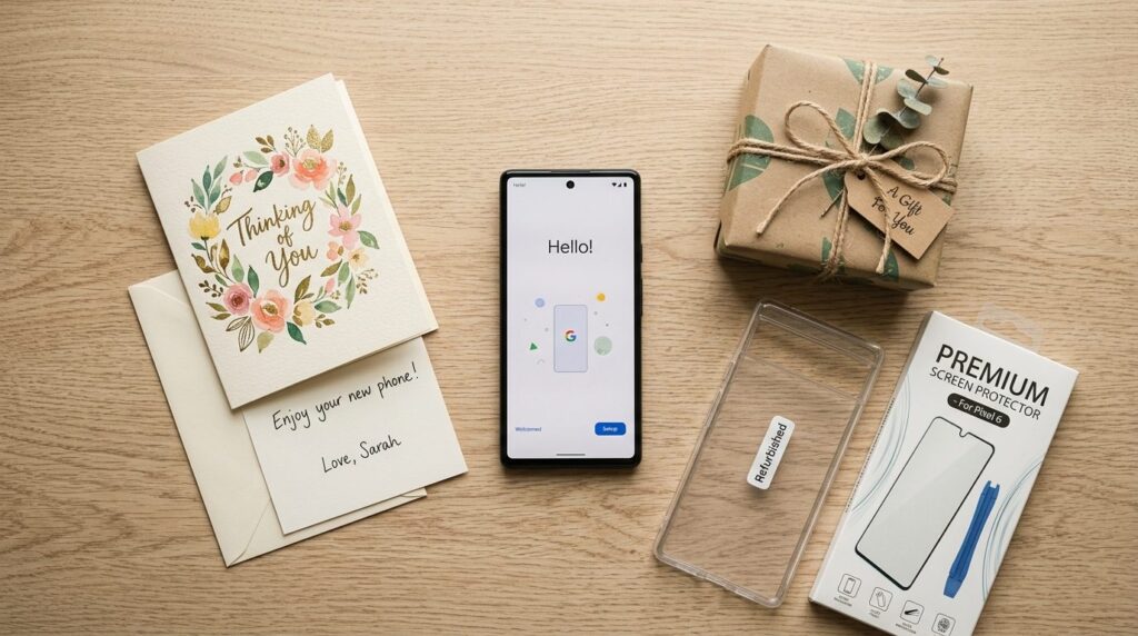 Overhead flat lay photography of a refurbished smartphone su