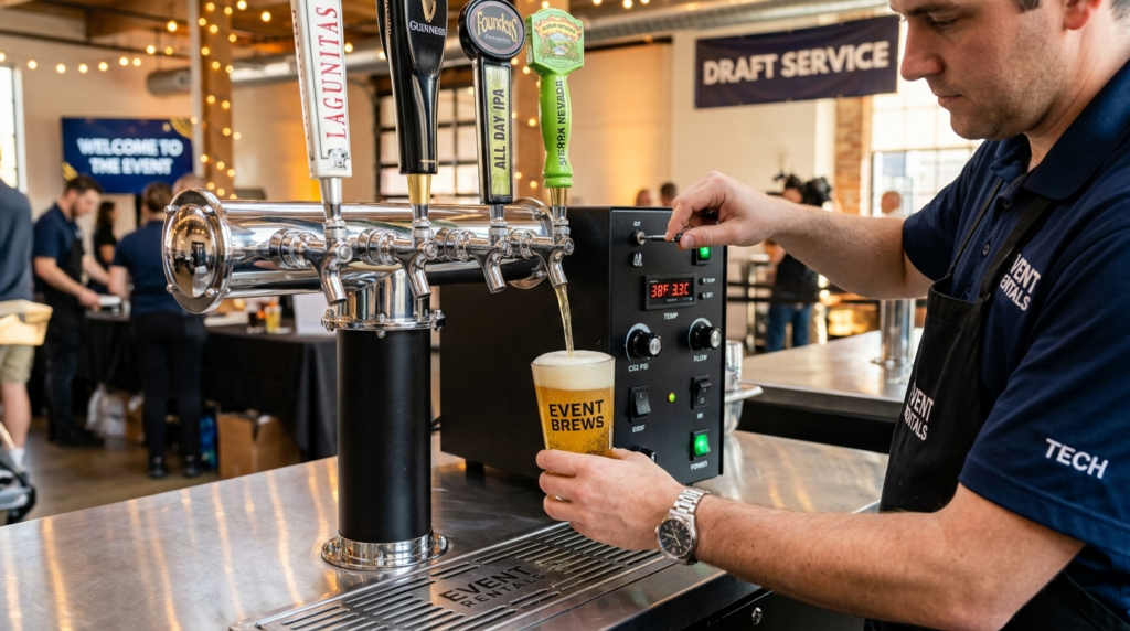 Close-up of a professional draft beer tap system being servi