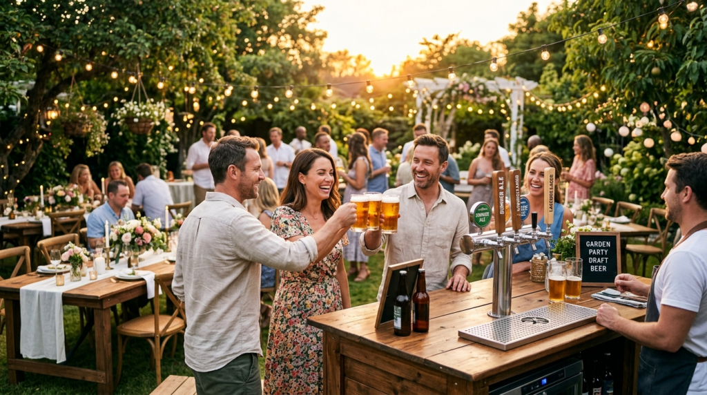 Outdoor garden party scene with multiple guests enjoying col