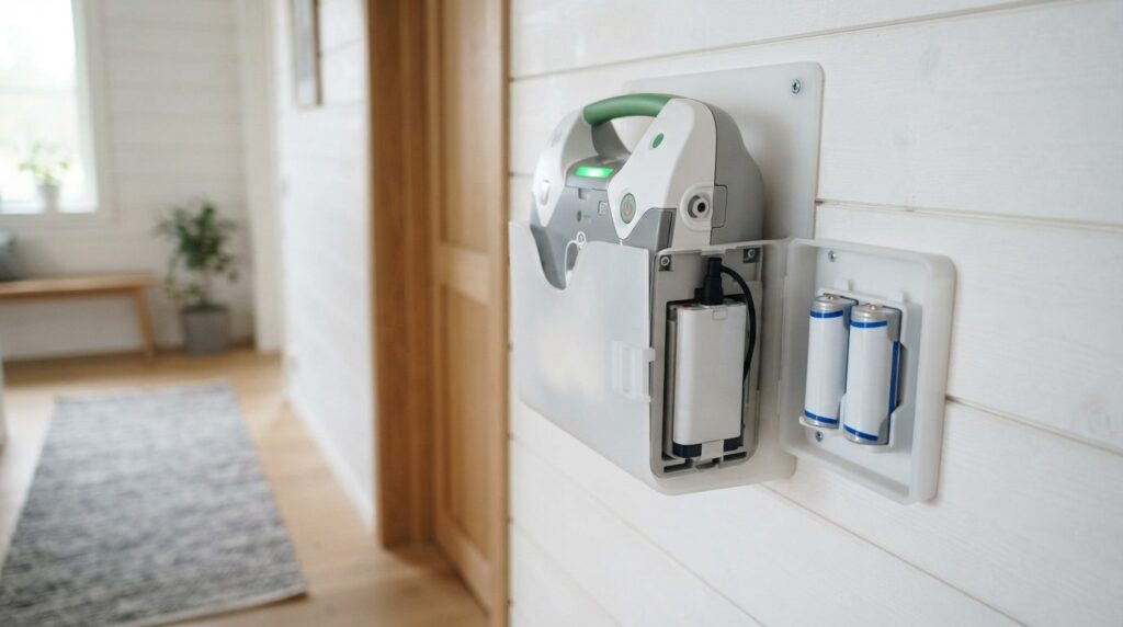 Close-up detail shot of an AED defibrillator mounted on a wh