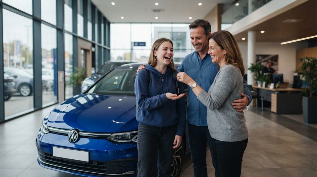 Professional automotive photograph of a young student receiv