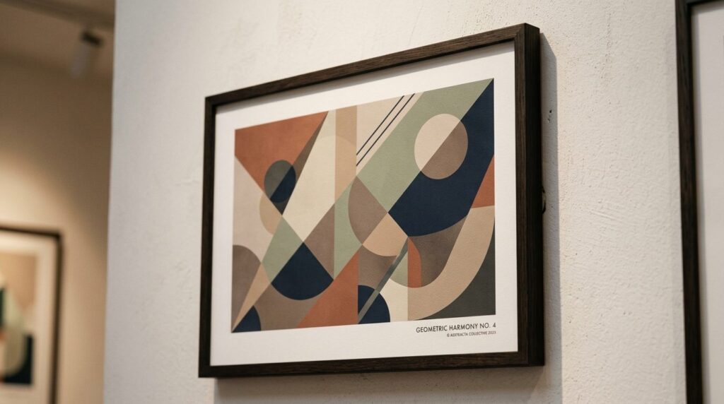 Close-up detail shot of modern geometric art poster on galle