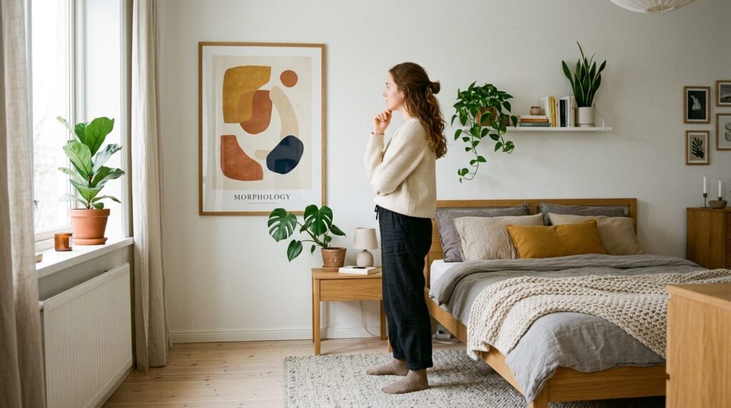 Young woman standing in modern bedroom examining abstract ar