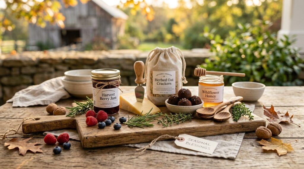 Curated seasonal food gift experience setup with handcrafted